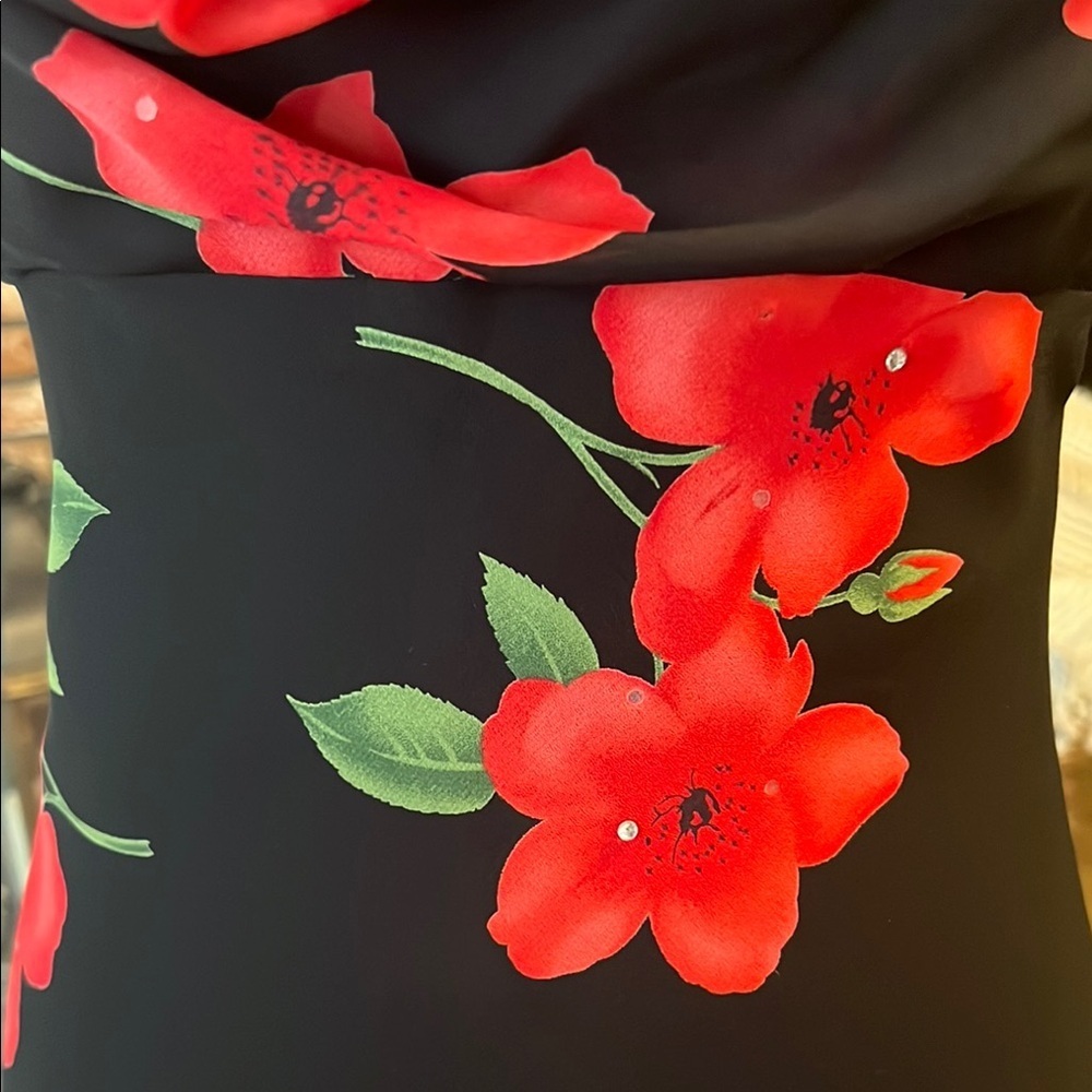 BETSY & ADAM Women's Red/Black Floral w/rhinestones sleeveless SZ 6 Maxi Dress - Picture 12 of 13